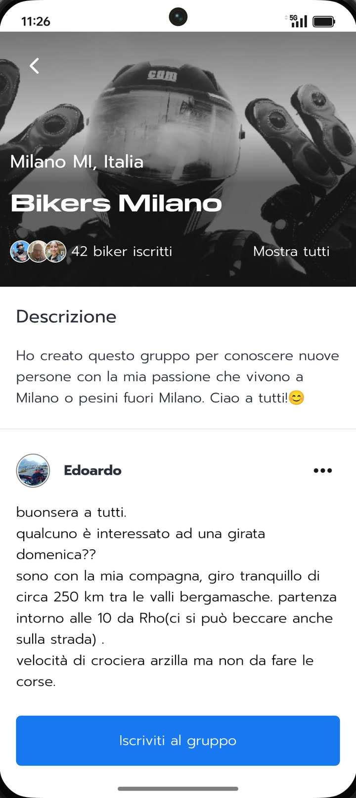 Schermata di un gruppo nell'app: Bikers Milano, 42 biker iscritti, con il messaggio di chi propone un giro per domenica