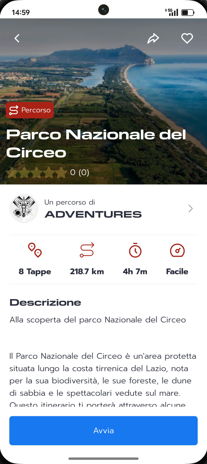 Schermata di un percorso nell'app: Parco Nazionale del Circeo, 8 tappe, 218,7 km, 4 ore e 7 minuti, difficoltà facile