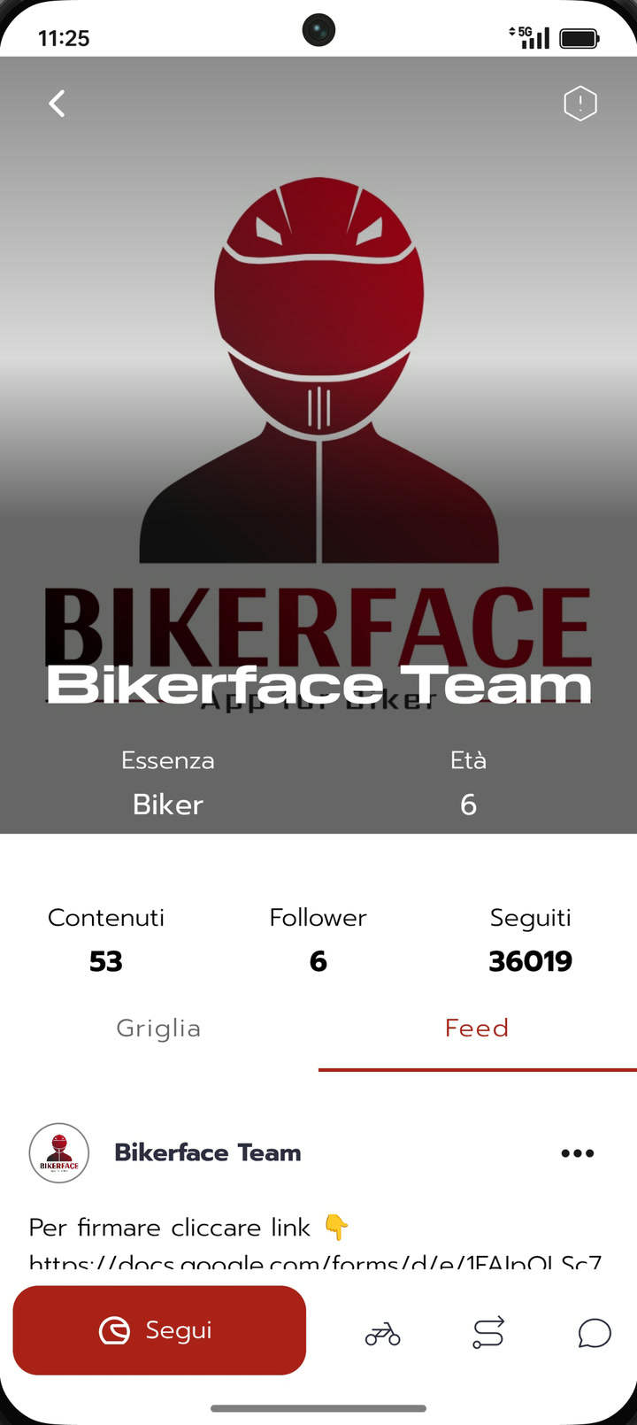 Schermata di un profilo seguito nell'app, con il contatore di contenuti, follower e seguiti e il bottone Segui