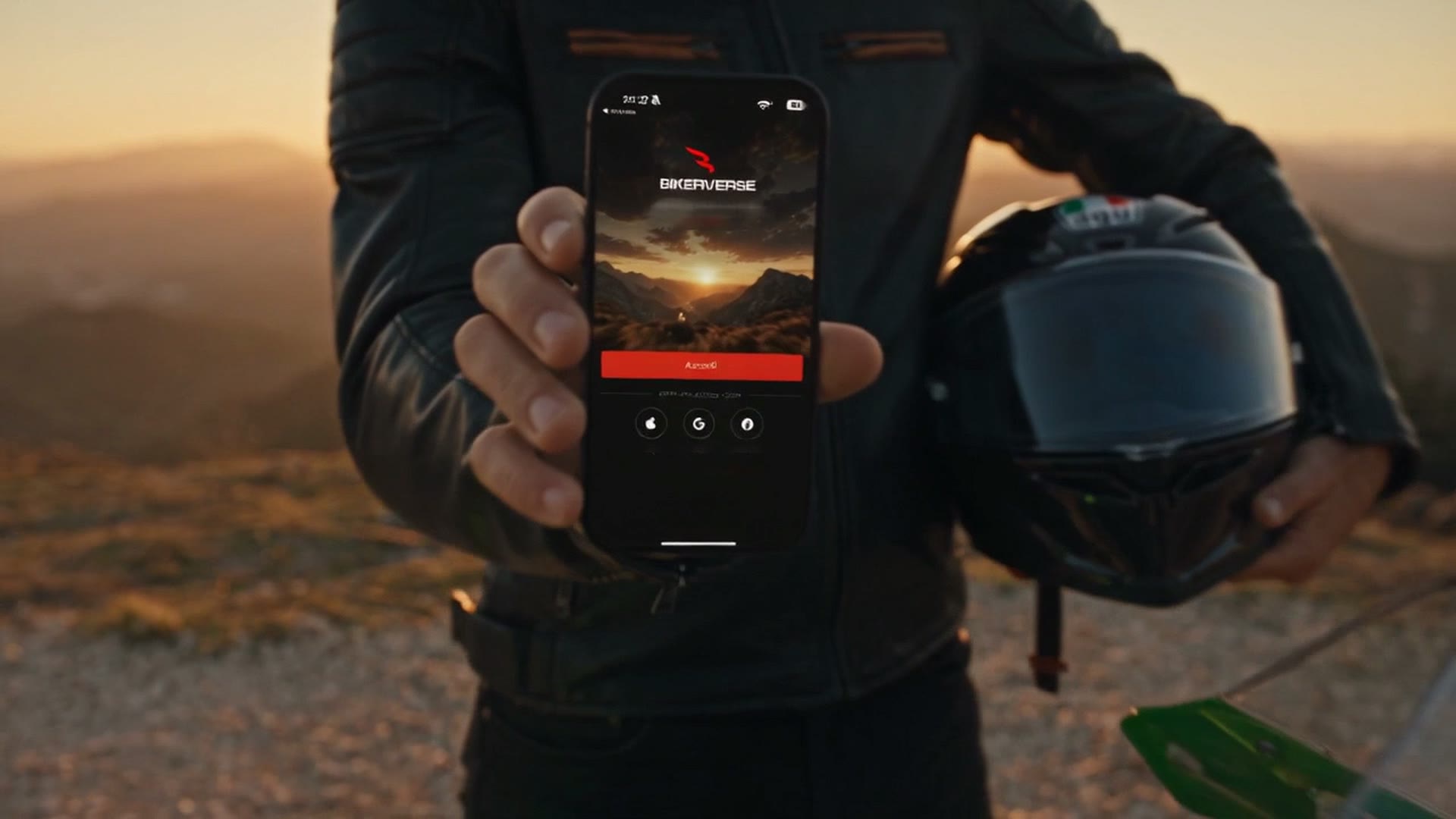 Il motociclista mostra il telefono con la schermata di accesso di Bikerverse e il bottone rosso Accedi