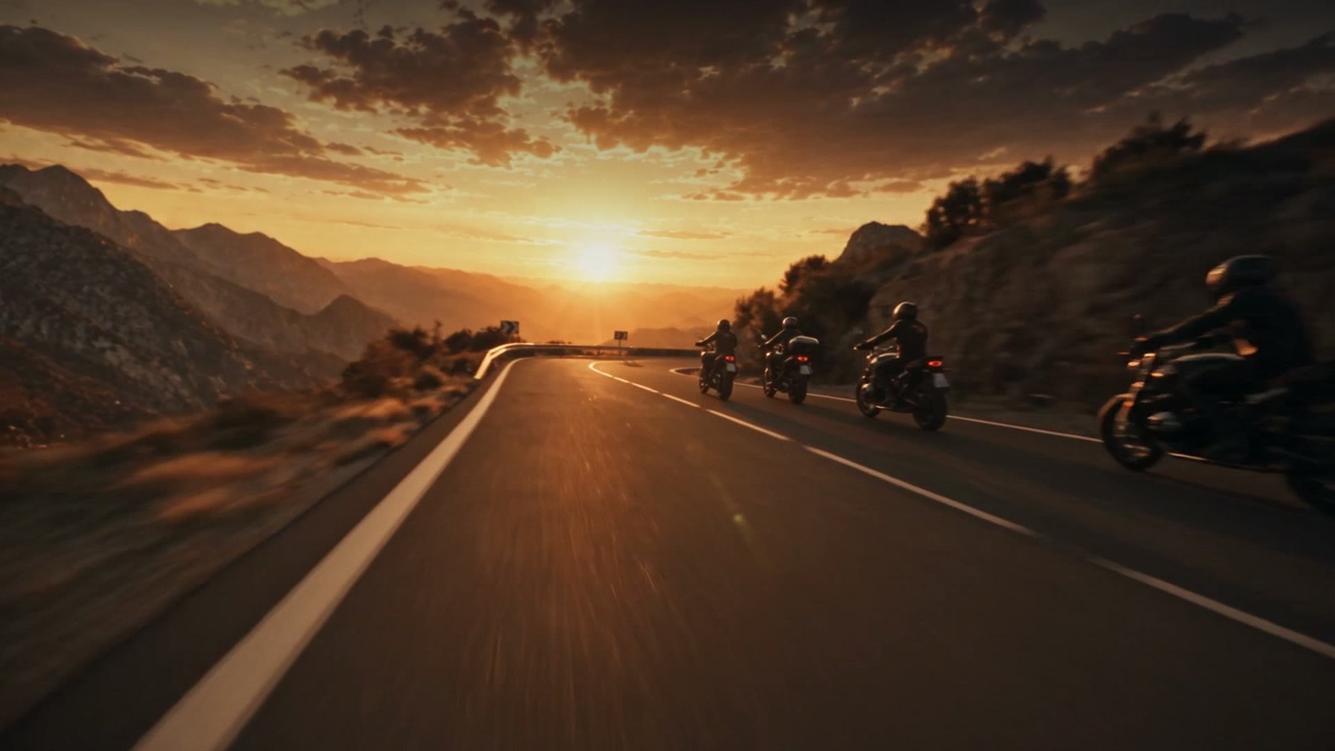 Una strada di montagna al tramonto, con un gruppo di motociclisti poco più avanti