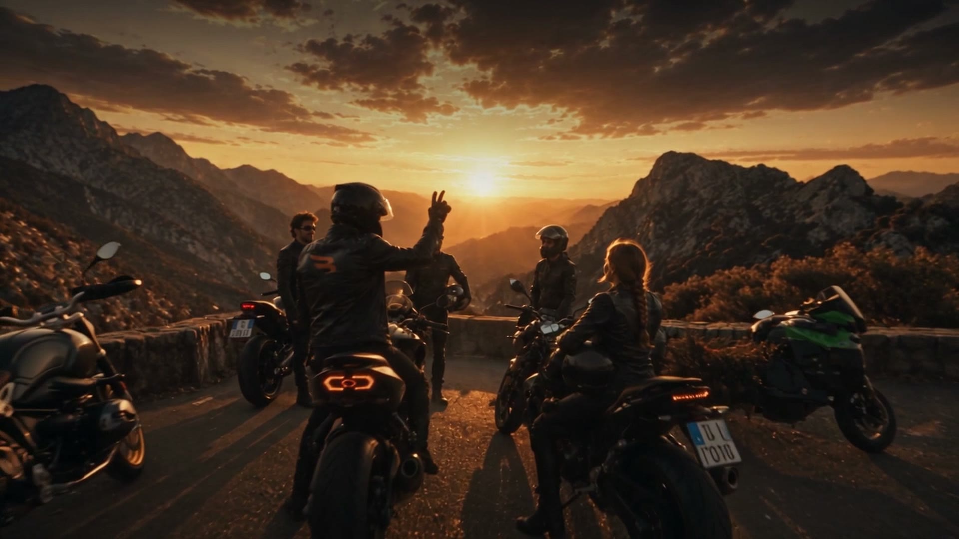 Un gruppo di motociclisti fermo a un belvedere al tramonto; uno di loro alza due dita in segno di saluto